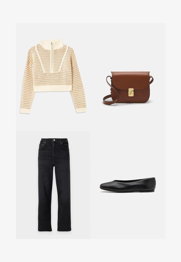 Light beige cropped sweater with a zippered mock neck, featuring a textured pattern and ribbed cuffs and hem. Combines knit and woven materials.; Black straight-leg jeans made of denim. Features five pockets, a button and zipper closure, and subtle stitching details.; Paul Smith TOPANGA - Ballet pumps - black; Brown leather handbag with a flap closure, gold-tone hardware, a shoulder strap, and a smooth texture. Compact rectangular shape.