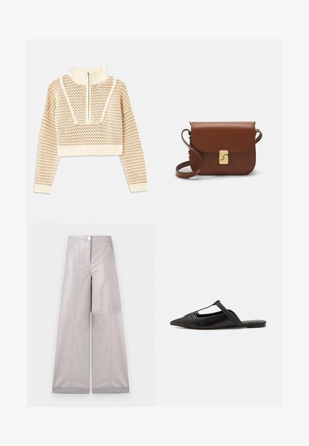 Licht beige cropped sweater met een ritskraag, voorzien van een textuurpatroon en geribde manchetten en onderrand. Combineert gebreide en geweven materialen.; Brede broekspijpen in lichtgrijs faux leren, met een voorknopsluiting, twee zijzakken en naaddetails voor extra textuur.; Zwarte leren slingback schoen met een puntige neus, voorzien van een gevlochten accent en geplooid ontwerp aan de bovenkant. Platte zool met minimale hardware.; Bruine leren handtas met een klep sluiting, gouden hardware, een schouderband en een gladde textuur. Compact rechthoekige vorm.
