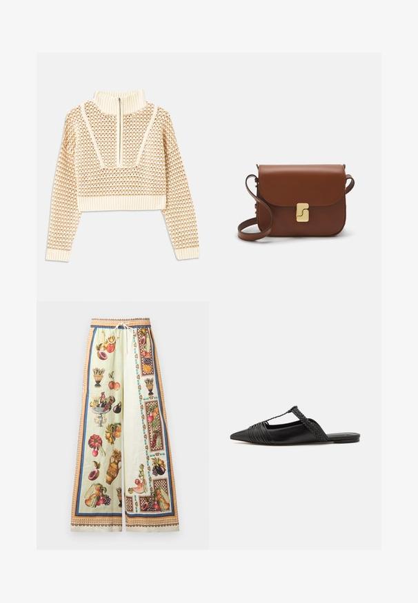 Gaišas bezgaismas īsais džemperis ar rāvējslēdzēju un stāvošu apkakli, ar faktūru rakstu un ribinātām piedurknēm un apakšmalu. Apvieno adītus un audumus.; Plati svārki, kas izgatavoti no viegla materiāla, ar maigi zaļu pamatu un krāsainām augļu un vazo ilustrācijām. Elastīga josta ar auklu.; Melnas ādas slingback kurpes ar norādītu purngali, kurām ir austoša akcenta un krokota augšdaļa. Plakana zole ar minimālu aparatūru.; Bordo ādas rokas soma ar atloku, zeltītām detaļām, plecu siksnu un gludu virsmu. Kompakta, taisnstūrveida forma.