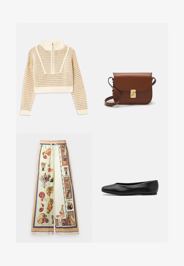 Helles, beigefarbenes, kurzes Sweatshirt mit einem Reißverschlusskragen, das ein strukturiertes Muster sowie gerippte Bündchen und Saum aufweist. Kombiniert Strick- und Webmaterialien.; Leinenweite Hosen aus leichtem Stoff mit einem Pastellgrün als Grundfarbe, verziert mit bunten Illustrationen von Obst und Vasen. Elastischer Bund mit Kordelzug.; Paul Smith TOPANGA - Klassischer Ballerina - black; Braune Ledertasche mit Klappenverschluss, Beschlägen in Goldfarbe, einem Schultergurt und einer glatten Oberfläche. Kompakte rechteckige Form.