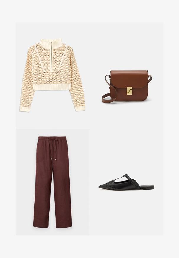 Licht beige cropped sweater met een ritskraag, voorzien van een textuurpatroon en geribde manchetten en onderrand. Combineert gebreide en geweven materialen.; Bordeaux wijde broek gemaakt van lichte stof, met een elastische tailleband met een trekkoord en zonder zichtbare zakken.; Zwarte leren slingback schoen met een puntige neus, voorzien van een gevlochten accent en geplooid ontwerp aan de bovenkant. Platte zool met minimale hardware.; Bruine leren handtas met een klep sluiting, gouden hardware, een schouderband en een gladde textuur. Compact rechthoekige vorm.