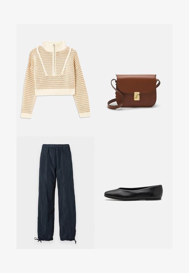Light beige cropped sweater with a zippered mock neck, featuring a textured pattern and ribbed cuffs and hem. Combines knit and woven materials.; Navy windbreaker pants with an elastic waistband, adjustable cuffs, and a smooth, lightweight material. Full-length design with no pockets.; Paul Smith TOPANGA - Ballet pumps - black; Brown leather handbag with a flap closure, gold-tone hardware, a shoulder strap, and a smooth texture. Compact rectangular shape.