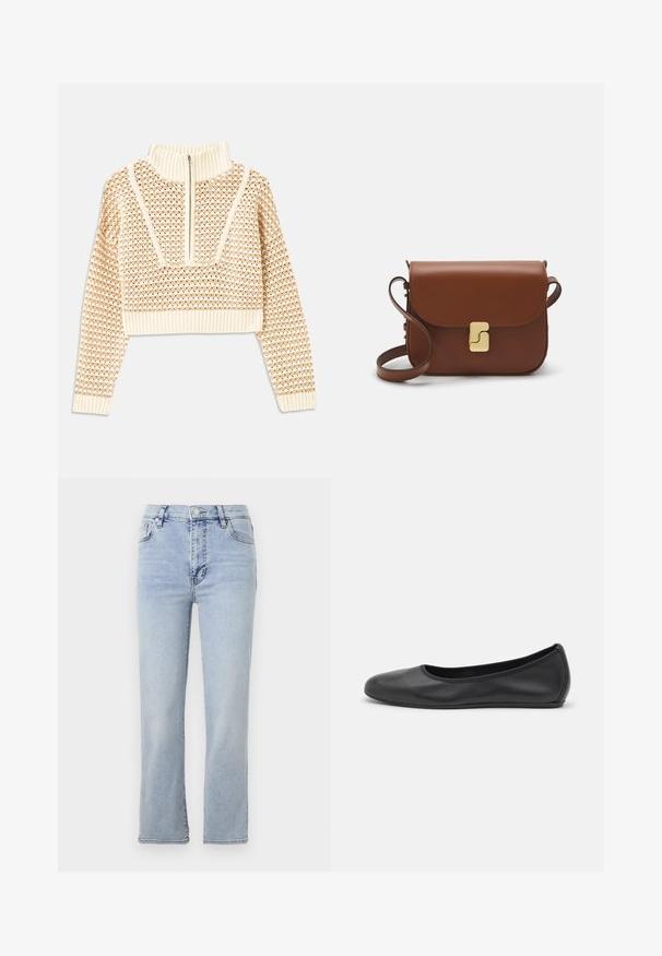 Gaišas bezgaismas īsais džemperis ar rāvējslēdzēju un stāvošu apkakli, ar faktūru rakstu un ribinātām piedurknēm un apakšmalu. Apvieno adītus un audumus.; Gai zili džinsi ar taisnu kāju dizainu, piecām kabatām, pogu un rāvējslēdzēja aizdari, kā arī redzamām šuvju detaļām.; Melna ādas baleta kurpe ar noapaļotu purngalu, gludu tekstūru, minimālu šuvju detalizāciju un elastīgu zoles dizainu.; Bordo ādas rokas soma ar atloku, zeltītām detaļām, plecu siksnu un gludu virsmu. Kompakta, taisnstūrveida forma.