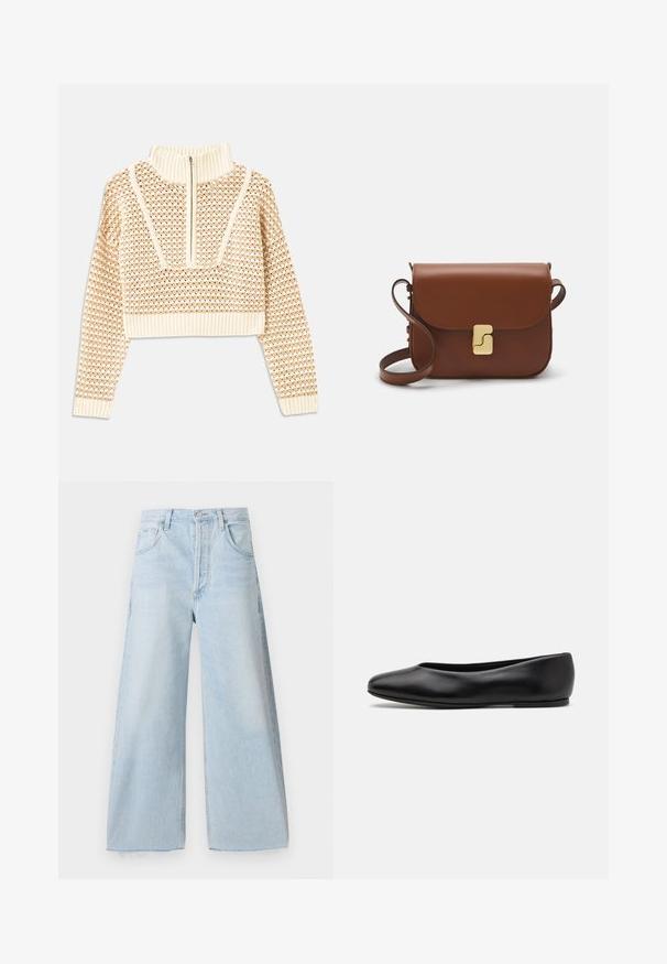 Vaalea beige lyhyt neulepusero, jossa on vetoketjukiinnitteinen korkea kaulus. Se esittelee teksturoidun kuosin ja ribbireunat hihoissa ja helmassaan. Yhdistelmä neulotusta ja kudotusta materiaalista.; Vaaleansiniset leveälahkeiset farkut, jotka on valmistettu denimestä, korkea vyötärö, etutaskut ja voimakkaat kirjontayksityiskohdat. Raaka helma alaosassa.; Paul Smith TOPANGA - Ballerinat - black; Ruskea nahkainen käsilaukku, jossa on läppäkiinnitys, kultasävyiset yksityiskohdat, olkahihna ja sileä pinta. Kompaktin suorakaiteen muotoinen.