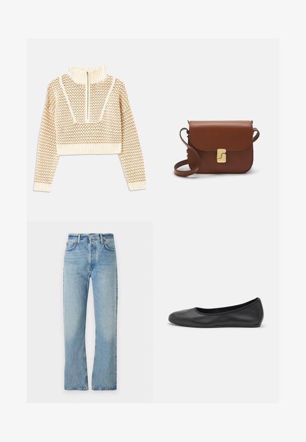 Gaišas bezgaismas īsais džemperis ar rāvējslēdzēju un stāvošu apkakli, ar faktūru rakstu un ribinātām piedurknēm un apakšmalu. Apvieno adītus un audumus.; Gai zili džinsi, kas izgatavoti no denima, ar taisnas kājas dizainu, augsto jostasvietu, jostu cilpiņām un klasisko piecu kabatu stilu. Audumam ir smalka izbalēšana.; Melna ādas baleta kurpe ar noapaļotu purngalu, gludu tekstūru, minimālu šuvju detalizāciju un elastīgu zoles dizainu.; Bordo ādas rokas soma ar atloku, zeltītām detaļām, plecu siksnu un gludu virsmu. Kompakta, taisnstūrveida forma.