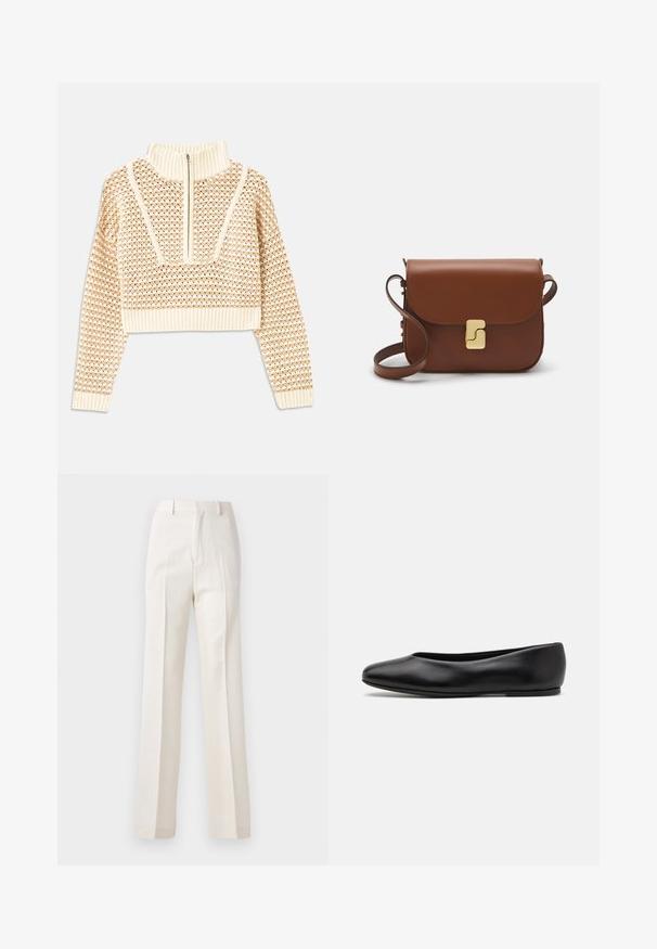 Light beige cropped sweater with a zippered mock neck, featuring a textured pattern and ribbed cuffs and hem. Combines knit and woven materials.; White, wide-leg trousers with a smooth texture, featuring front pleats and a classic waistband, designed for a polished look.; Paul Smith TOPANGA - Ballet pumps - black; Brown leather handbag with a flap closure, gold-tone hardware, a shoulder strap, and a smooth texture. Compact rectangular shape.