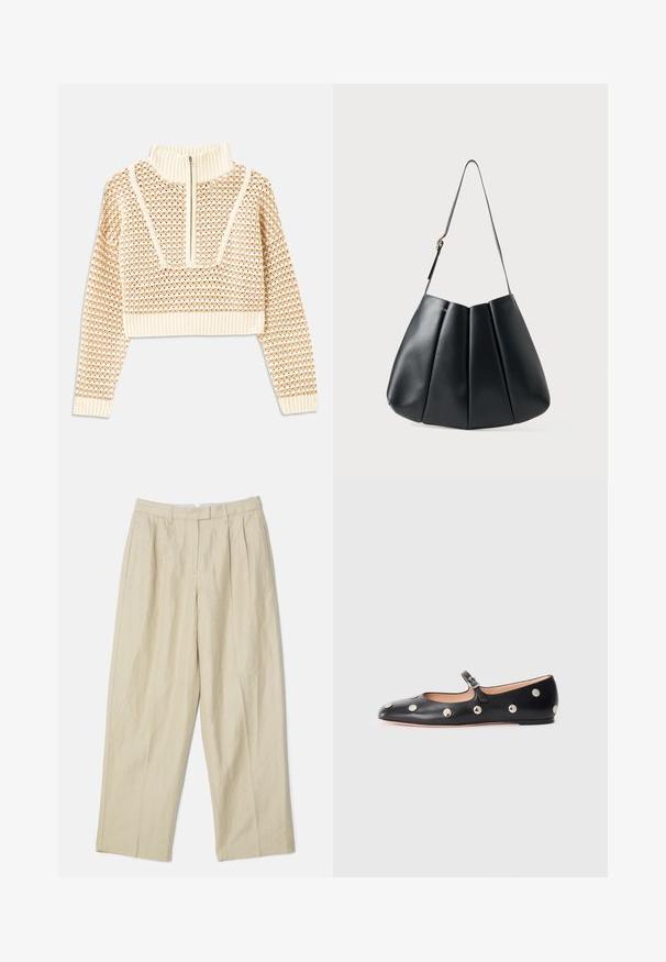 Pull en beige clair court avec un col montant zippé, présentant un motif texturé et des poignets et un ourlet côtelés. Combine des matériaux tricotés et tissés.; Pantalons en lin beige avec un design à jambes larges, dotés de plis avant, de poches latérales et d'une texture lisse. Coupe classique et style polyvalent.; Chaussure plate en cuir noir type Mary Jane avec un bout arrondi, ornée de clous ronds en argent et dotée d'une sangle réglable avec une boucle.; Sac à épaule en cuir noir avec un design plissé, texture lisse, une seule sangle et un subtil accent en doré.