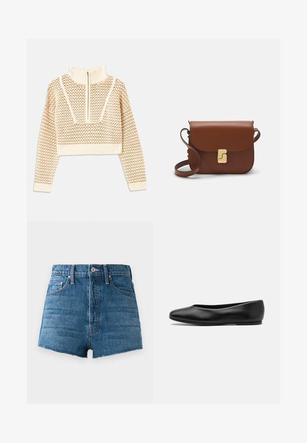 Světle béžový zkrácený svetr s doplňkovým zipem a imitací límce, zdobený texturovaným vzorem a pletenými manžetami a lemem. Kombinuje pletené a tkané materiály.; Modré džínové šortky s vysokým pasem, předním knoflíkem, poutky na opasek, designem pěti kapes a detaily na surovém lemu na jednotném pozadí.; Paul Smith TOPANGA - Klasické baleríny - black; Hnědá kožená kabelka s klopou, zlatými kovovými detaily, ramenním popruhem a hladkým povrchem. Kompaktní obdélníkový tvar.
