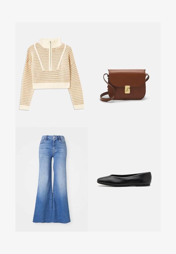Suéter corto de un beige claro con cuello tipo chimenea con cremallera, que presenta un patrón texturizado y puños y dobladillo acanalados. Combina materiales de punto y tejido.; Jeans de mezclilla acampanados en lavado azul claro, con una cintura alta, piernas anchas distintivas y un ligero desvanecimiento hacia el dobladillo. Cierre de botón y cremallera.; Paul Smith TOPANGA - Bailarinas - black; Bolso de mano de cuero marrón con cierre de solapa, herrajes en tono dorado, correa para el hombro y una textura suave. Forma rectangular compacta.