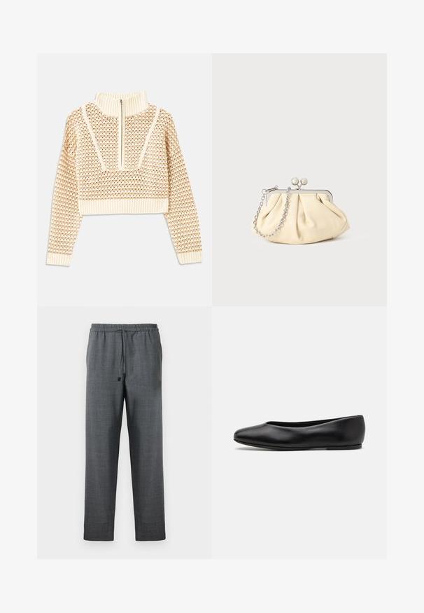 Ljusbeige kortad tröja med dragkedja i mock neck, med ett strukturerat mönster samt ribbade mudd och nederkant. Kombinerar stickade och vävda material.; Mörkgrå byxor i ett texturerat tyg, med elastisk midja och justerbar snörning. Raka ben utan fickor.; Paul Smith TOPANGA - Ballerinaskor - black; Plisserad beige läderclutch med en silvermetallram, som har två runda dekorativa lås och en silverkedjestrap.