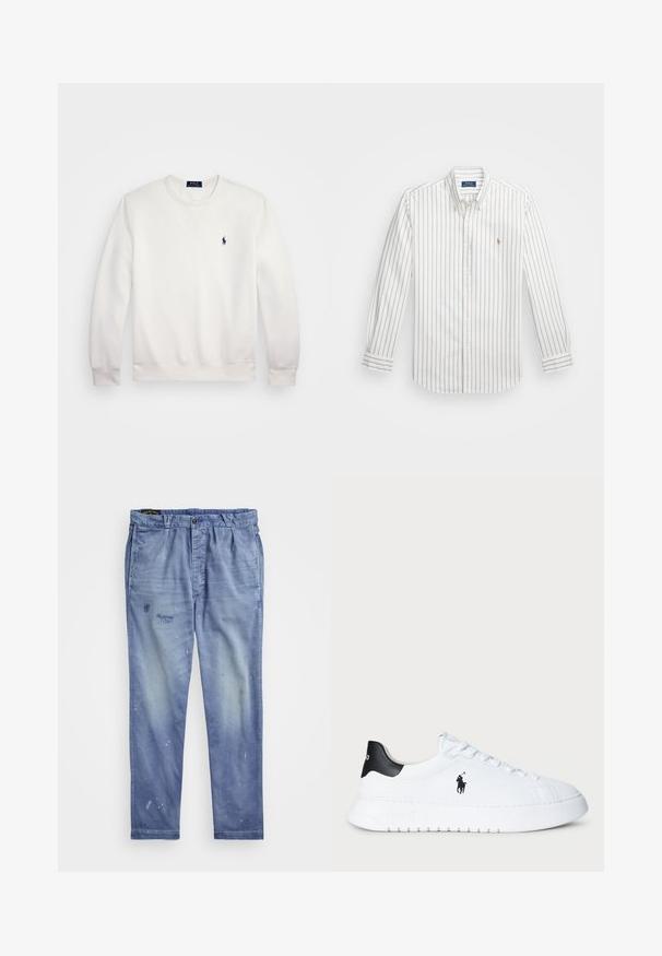 Fehér, hosszú ujjú, kerek nyakú pulóver ribb belső részekkel és szegéllyel, a mellrészen egy kis sötétkék hímzett Polo Ralph Lauren logóval.; Fehér gombos ing világoskék függőleges csíkokkal, hosszú ujjak, gombos gallér, és egy kis hímzett logó a bal mellrészen.; Világoskék farmernadrág, laza szabással, festékcseppekkel, finom szakadás részletekkel és gombos derékzárral.; Fehér alacsony szárú sportcipő fekete saroktabbal és fekete Polo Ralph Lauren logóval az oldalon, fehér fűzőkkel és vastag gumitalppal.