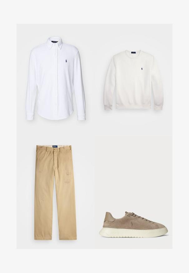 Hvit langermet genser med rund hals og ribbede mansjetter og nederkant, med en liten brodert logo i marineblått av Polo Ralph Lauren på brystet.; Hvit langermet skjorte med knapper laget av mykt stoff, med en klassisk krage og en liten marineblå logo aksent på brystet.; Beige bomullsbukser med rett snitt. Har slitte lapper og broderte detaljer foran. Klassisk knapp- og glidelås-lukking.; Suedepumps i taupe med hvit gummisåle. Funksjoner inkluderer snøring foran og en logo preget på siden og hælen.