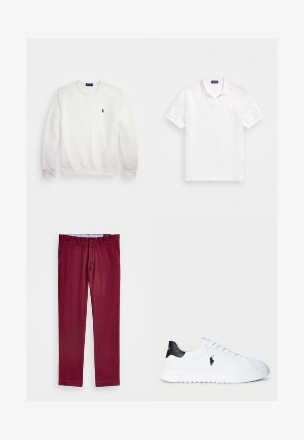 White long-sleeve crewneck sweatshirt with ribbed cuffs and hem, featuring a small navy blue embroidered Polo Ralph Lauren logo on the chest.; White polo shirt made of cotton, featuring a two-button placket, short sleeves, and a subtle logo on the left chest. Smooth texture.; Polo Ralph Lauren STRETCH SLIM FIT CHINO TROUSER - Chinos - red carpet; White low-top sneaker with black heel tab and black Polo Ralph Lauren logo on side, featuring white laces and thick rubber sole.