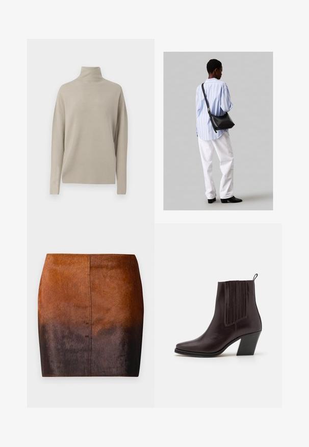 Svetlo béžový rolák, vyrobený z mäkkého pleteného materiálu, má uvoľnený strih s dlhými rukávmi a vysokým golierom. Bez viditeľných vzorov.; Hnedá gradient mini sukňa vyrobená z jemného materiálu, s hladkou textúrou, priliehajúcim strihom a precíznym šitím pozdĺž okrajov.; Tmavo hnedá kožená kotníková obuv s špicatou špičkou, vertikálnym ryhovaním po bokoch a stredne vysokým blokovým podpätkom.; Čierna kožená ramenná taška so mäkkou textúrou, trojuholníkovým tvarom a nastaviteľným popruhom, skombinovaná s svetlomodrou pruhovanou košeľou a bielymi nohavicami.