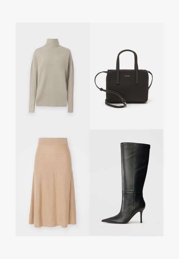 Gaišs beidzis turtleneck džemperis, izgatavots no mīksta dzijuma, ar brīvu piegriezumu, garām piedurknēm un augstu apkakli. Nav redzamu rakstu.; Adīta, paplašināta svārku izstrādājums bēšā krāsā, ar platu elastīgu jostu un gludu tekstūru. Ceļgala garumā ar vienkāršu, neizrotātu dizainu.; Melna ādas zābaks līdz ceļgaliem ar smailu purngalu un smalku stiletto papēdi, gluda tekstūra, sānu profils neitrālā fonā.; Melns roku soma ar divām īsām rokturiem un noņemamu plecu siksnu. Gluda ādas līdzīga materiāla ar rāvējslēdzēja aizdari un logos detaļu.