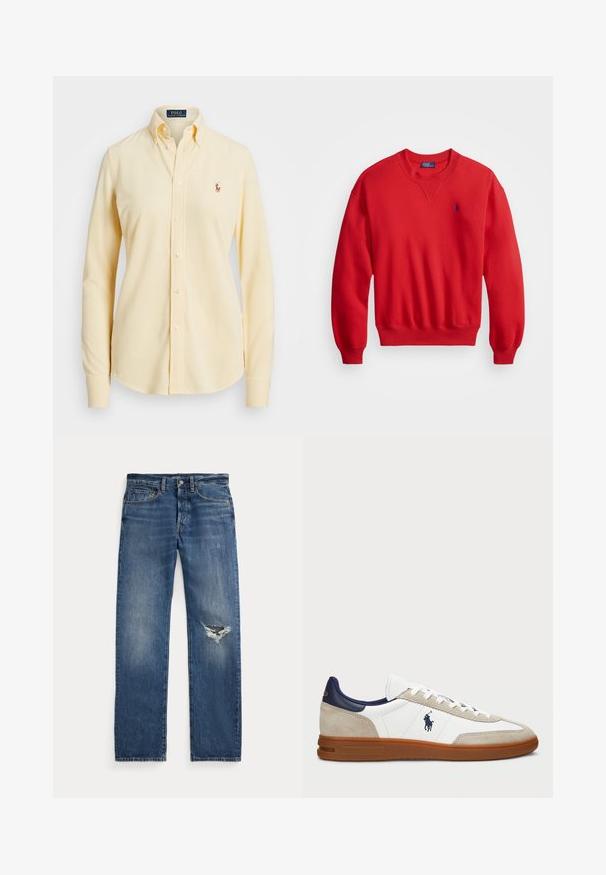 Rød genser laget av bomullsblanding, med rund hals, ribbestrikkede mansjetter og hem, og en liten blå logo på venstre bryst.; Langermet, knapp-opp skjorte i myk, lys gul bomull. Har klassisk krage og et brodert logo på venstre bryst.; Blå denimjeans med middels høy midje, fem lommer og et frynsete hull på høyre kne.; Hvite og beige joggesko med overdel i semsket skinn og lær, marineblå detaljer og brun gummisåle. Har logo på siden og snøring.