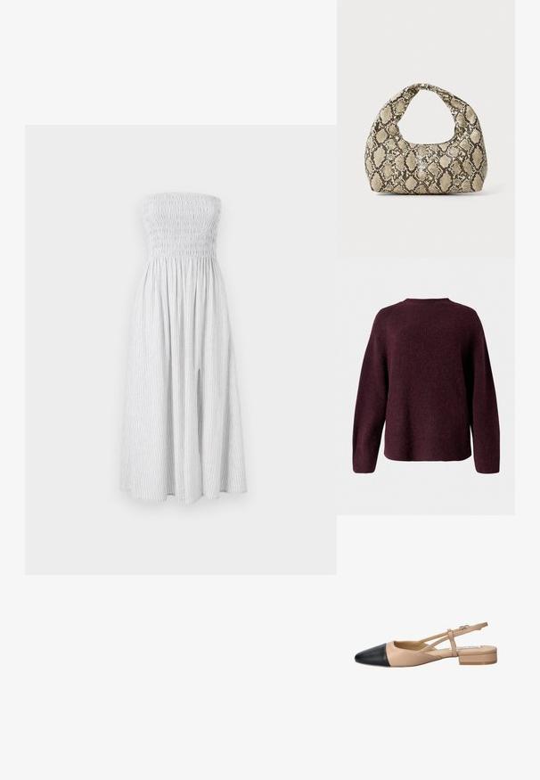 Burgundska pletena majica s okruglim izrezom, dugim rukavima i opuštenim krojem s mekanom, teksturiranom završnom obradom.; Haljina bez naramenica do koljena u svijetlosivoj boji s vertikalnim bijelim prugama. Ima smockani korzet i lepršavu suknju s bočnim izrezima.; Bež i crna dvobojna slingback cipela s oštrim vrhom, ravnim potplatom i detaljem u obliku križanja traka. Glatka kožna tekstura.; Torba s uzorkom zmije s zakrivljenom drškom. Izrađena od teksturiranih materijala u bež i smešnim tonovima, sa karakterističnim dijamantnim uzorkom.