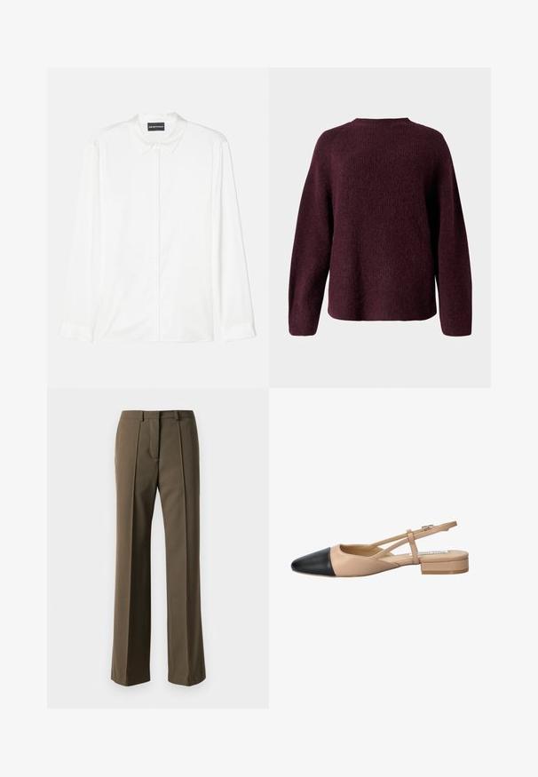 Suéter de punto burdeos con cuello redondo, mangas largas y un corte relajado, confeccionado con un acabado suave y texturizado.; Camisa blanca de manga larga hecha de una tela suave, con un cuello clásico, cierre de botones en la parte delantera y puños simples, con un diseño limpio y minimalista.; Pantalones marrones a medida con un corte recto, frente plisado y cinturilla clásica. Fabricados en un tejido suave con un acabado refinado.; Zapato slingback bicolor beige y negro con punta afilada, tacón plano y detalle de correa entrecruzada. Textura de cuero suave.