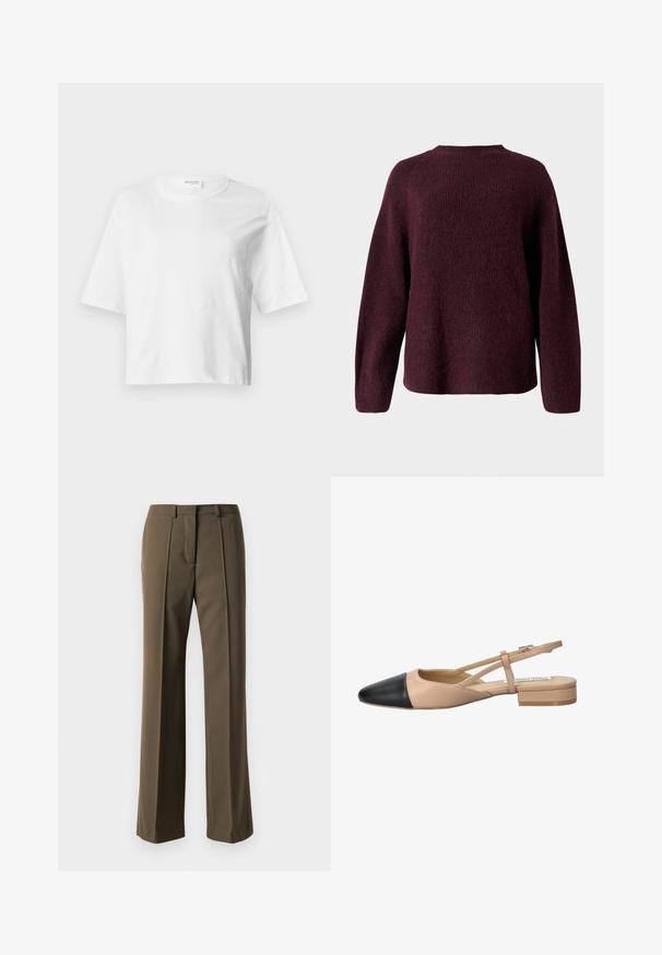 Burgunderfarbener Strickpullover mit runder Halslinie, langen Ärmeln und einer entspannten Passform sowie einer weichen, strukturierten Oberfläche.; Weißes, kurz geschnittenes T-Shirt aus weichem Stoff mit kurzen Ärmeln, Rundhalsausschnitt und welligen Nahtdetails für Textur.; Braune maßgeschneiderte Hose mit geradem Schnitt, gefaltetem Vorderteil und klassischem Bund. Hergestellt aus glattem Stoff mit raffiniertem Finish.; Beige und schwarze zweifarbige Slingback-Schuhe mit spitzer Zehenpartie, flachem Absatz und gekreuztem Riemendetail. Glattes Lederfinish.