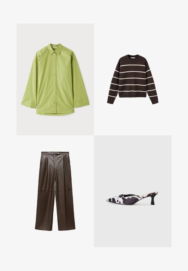 Brun sweater med hvide vandrette striber, rund halsudskæring, lange ærmer og ribbede manchetter og kant, lavet af strikket stof.; Lys grøn skjorte med lange ærmer, en klassisk krave, en brystlomme og et glat, struktureret stof.; Brune læder brede bukser med en glat tekstur, der har folder foran og et klassisk taljebånddesign.; Spidse slingback hæle i sort og hvid ko-print design. Stofoverdel med en tekstureret finish og en slank sort hæl.