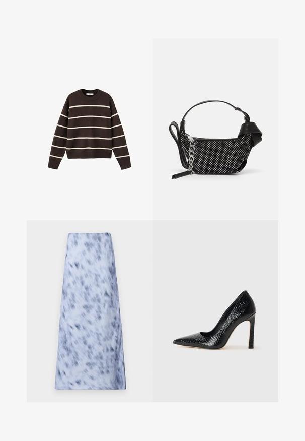 Hnědý svetr s bílými vodorovnými pruhy, kulatým výstřihem, dlouhými rukávy a žebrovanými manžetami a spodním lemem, vyrobený z pletené látky.; Dlouhá, světle modrá sukně s rozmazaným, tmavě modrým vzorem. Tkanina vypadá měkce, má hladkou texturu a jednoduchý design.; Černý lodičkový bot s špičatou špičkou, pokrytý texturou krokodýlí kůže, s elegantním designem, vysokým stiletto podpatkem a hladkým černým interiérem.; Černá kabelka s cvočky, řetízkem a hladkým koženým držadlem, kulatého tvaru a se zipovou kapsou.