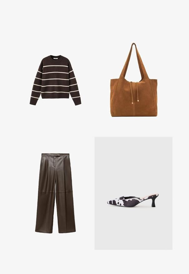 Maglione marrone con strisce orizzontali bianche, scollo rotondo, maniche lunghe e polsini e orlo a costine, realizzato in tessuto lavorato a maglia.; Pantaloni a gamba larga in pelle marrone con una texture liscia, caratterizzati da pieghe davanti e un design della vita classico.; Décolleté slingback in design di stampa bovina bianco e nero. Parte superiore in tessuto con finitura testurizzata e tacco nero sottile.; Borsa a tracolla in suede marrone con due lunghe cinghie, chiusura con cordoncino e design minimalista. Texture liscia e senza elementi hardware visibili.