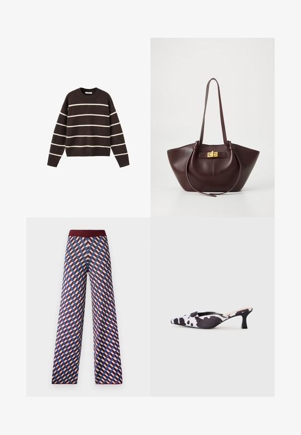 Brązowy sweter z białymi poziomymi pasami, okrągłym dekoltem, długimi rękawami oraz ściągaczami przy mankietach i dole, wykonany z dzianiny.; Szerokie spodnie w wzory z bordowym pasem, z geometrycznym wzorem w kolorach czerwonym, niebieskim i kremowym, o tkanej fakturze.; Sandały na obcasie z odkrytymi palcami w czarno-białą skórkę krowy. Tkaninowa cholewka o teksturowanym wykończeniu i smukły czarny obcas.; Bordowa skórzana torba tote o zarysie strukturalnym, płaskim dnie i dwóch długich uchwytach. Zawiera zapięcie z złotej tonacji na górze.