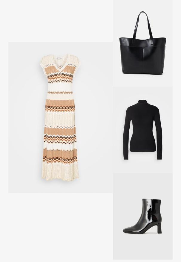 Juodas magas suknelė pagaminta iš lengvo mezgimo audinio. Turi ilgomis rankovėmis, prigludusį dizainą ir minkštą raukšlėtą tekstūrą.; Megzta maxi suknelė turi V formos iškirptę, trumpas petnešas ir zigzago raštą kremišku, rudu bei oranžiniu atspalviu su platėjančiu apdailu.; Juodos lakuotos odinės aulinukės su smailiu pirštu ir vidutinio aukščio blokuotu kulnu. Lygus paviršius ir minimalistinis dizainas.; Juoda odinė rankinė su dviem ilgais diržais, lygiu paviršiumi ir struktūrizuota forma. Yra priekinė kišenė papildomam saugojimui.