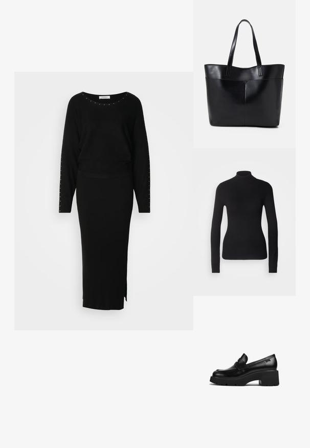 Čierny rolák vyrobený z ľahkej pleteniny. Má dlhé rukávy, priliehavý strih a jemnú rebrovanú štruktúru.; Čierny pletený dvojdielny outfit pozostávajúci z dlhého rukávu s ozdobami a priliehavou rebrovanou maxi sukňou s bočným rozparkom.; Čierne kožené mokasíny s hrubým podpätkom a hrubou podrážkou, so strapcom na vrchu, zobrazené z boku na bielom pozadí.; Čierna kožená tote taška s dvoma dlhými rúčkami, hladkým povrchom a štruktúrovaným tvarom. Obsahuje prednú kapsu pre dodatočné uskladnenie.