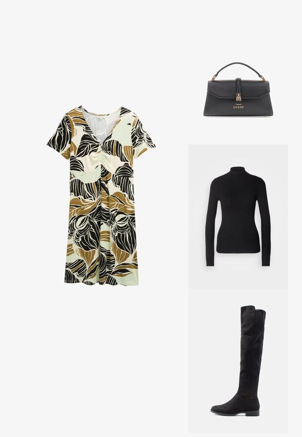 Mustem turtleneck-sviiter, mis on valmistatud kerge kudumiskangast. Omab pikki varrukaid, slim-fit lõiget ja pehmet soonikut.; Lühikeste varrukatega kleit, millel on lehtede muster mustades, pruunides ja rohelises toonis. Valmistatud kergest kangast, millel on kogutud esiosa detail.; Knee-high mustad vampiirid, millel on sile tekstuur, ümar varvas ja madal plokknina; minimalistlik disain ilma nähtava riistvarata.; Mustmustest kunstnahast käekott, millel on struktureeritud kuju, kuldne riistvara, ülemine sang ja eesmine lukustus, kus on "GUESS" logo.