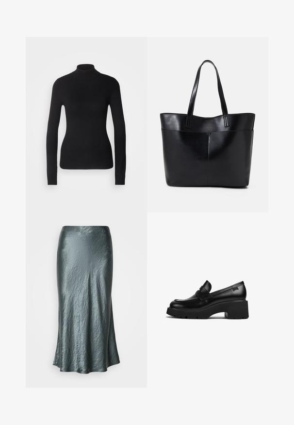 Musta poolapainen neuletakki, joka on valmistettu kevyestä neulekankaasta. Siinä on pitkät hihat, istuva muotoilu ja pehmeä ribsikuvio.; Metallinen teal midi-hame, jossa on rypistynyt pinta, flare-mallinen ja sileä viimeistely. Ei näkyviä kiinnityksiä tai koristeita.; Musta nahkakengät, joissa on paksut korot ja paksu pohja, sekä nauhaysitys päällä, esitetty sivuprofiilista valkoista taustaa vasten.; Musta nahkainen kassi, jossa on kaksi pitkää kahvaa, sileä pinta ja jämäkkä muoto. Sisältää etutaskun lisävarastointia varten.; Hope-silver rengas, joissa on sileä ja kiillotettu pinta. Pyöreä muoto ja turvallinen napsautettava lukitus. Kevyt muotoilu sopii päivittäiseen käyttöön.