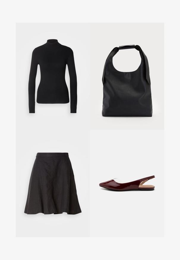 Črn pulover s turtleneck ovratnikom, izdelan iz lahkega pletenega materiala. Ima dolge rokave, oblikovan kroj in mehak rebrast teksturiran izgled.; Črna lanena krila s širokim krojem, ki ima pas in šive. Tkanina ima rahlo teksturiran zaključek in sega do kolen.; Burgundski patenti slingback baletni čevlji s koničastim nosom, prozornim izrezi in črnim ravnim podplatom. Gladka tekstura, minimalističen dizajn.; Črna usnjena torba hobo z enim mehkobnim, okroglim ročajem; ima gladko teksturo in minimalističen dizajn. Brez vidnih kovinskih delov ali poudarkov.; Zlate obročaste uhane z teksturirano, nepravilno obliko. Imajo brezšivno zapiranje in poliširano površinsko obdelavo, kar poudarja sodoben dizajn.