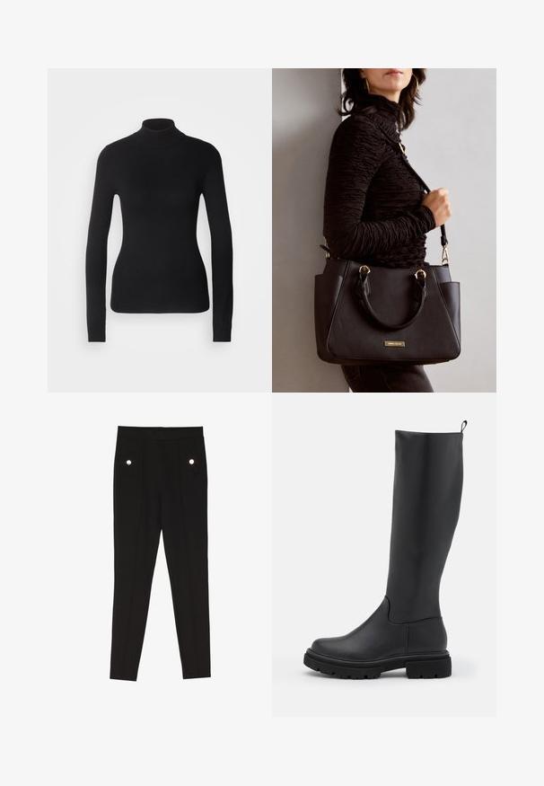 Crni pulover s visokim ovratnikom izrađen od laganog pletenog materijala. Ima duge rukave, prilagođen dizajn i mekan rebrasti uzorak.; Crne krojene hlače s glatkom teksturom, koje imaju dva prednja džepa s dekorativnim detaljima, a imaju i uske krojne linije.; Crne čizme do koljena od glatkog, mat materijala s debelim potplatom, zaobljenim vrhom i petom za lakše oblačenje.; Crna torba s teksturiranom površinom, dvostrukim gornjim ručkama i podesivom remenom za rame. Ima zlatne metalne detalje i bočne džepove.