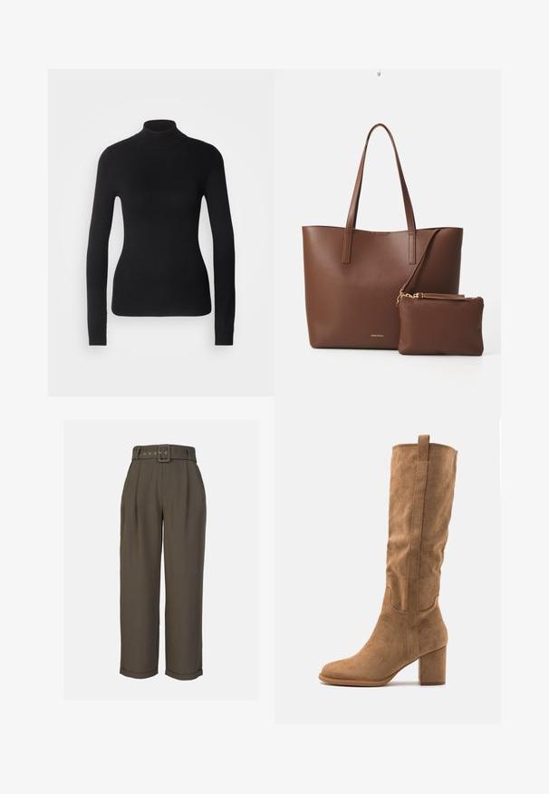 Schwarzer Rollkragenpullover aus leichtem Strickgewebe. Mit langen Ärmeln, taillierter Passform und weichem Ripptextil.; Hochgeschnittene, plissierte Hose aus dunkelolivgrünem Stoff. Mit einem abnehmbaren Gürtel mit quadratischer Schnalle und umgeschlagenen Säumen an den Knöcheln.; Knöchelhohe, sandfarbene Wildlederstiefel mit Blockabsatz, die über gestickte Akzente und eine schlanke Silhouette für einen modernen Look verfügen.; Braune Handtasche aus Kunstleder mit zwei langen Griffen und einem passenden kleinen Beutel. Die Oberfläche weist ein strukturiertes Muster und goldene Hardware-Akzente auf.