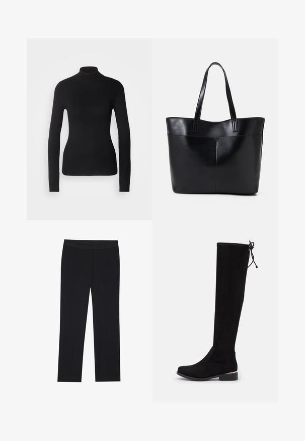 Zwarte coltrui gemaakt van lichte brei stof. Heeft lange mouwen, een aansluitend design en een zachte ribbeltextuur.; Zwarte broek met een recht gesneden ontwerp, voorzien van zijzakken en een gladde stoftextuur. Minimaal detail, schoon tailleband.; Zwarte laarzen tot boven de knie, gemaakt van zacht suede-achtig materiaal, met een platte hak, enkelaccent en een dunne strik aan de bovenkant voor aanpassing.; Zwarte leren tote bag met twee lange handvatten, een zachte textuur en een gestructureerde vorm. Voorzien van een voorvak voor extra opslagruimte.