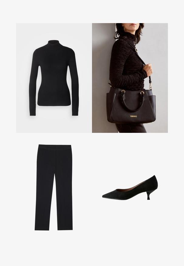 Sort turtleneck sweater lavet af let strikket stof. Har lange ærmer, et tætsiddende design og en blød ribbet tekstur.; Sorte bukser med lige ben-design, der har sidelommer og en glat tekstur. Minimalistisk detaljering, ren livvidde.; Next REGULAR FIT - FOREVER COMFORT POINT TOE KITTEN HEELS - Pumps - mottled black; Sort håndtaske med struktureret overflade, dobbelt topbærere og justerbar skulderrem. Udstyret med guldfarvet metalhardware og sidelommer.