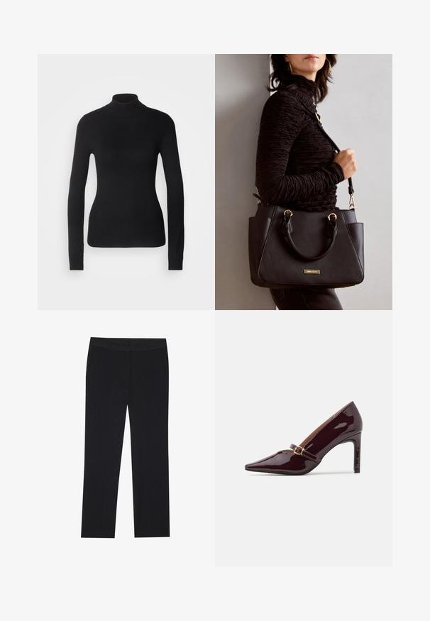 Čierny rolák vyrobený z ľahkej pleteniny. Má dlhé rukávy, priliehavý strih a jemnú rebrovanú štruktúru.; Čierne nohavice s rovnými nohavicami, so bočnými vreckami a hladkým povrchom materiálu. Minimálne detaily, čistý pás.; Patentná bordová topánka na vysokom opätku s špicatou špičkou, členkovým remienkom so zlatým kovaním a elegantným, lesklým povrchom. Zvýšený stiletto opätok.; Čierna kabelka s textúrovaným povrchom, dvojitými hornými rúčkami a nastaviteľným ramenným popruhom. Obsahuje zlaté kovanie a bočné vrecká.