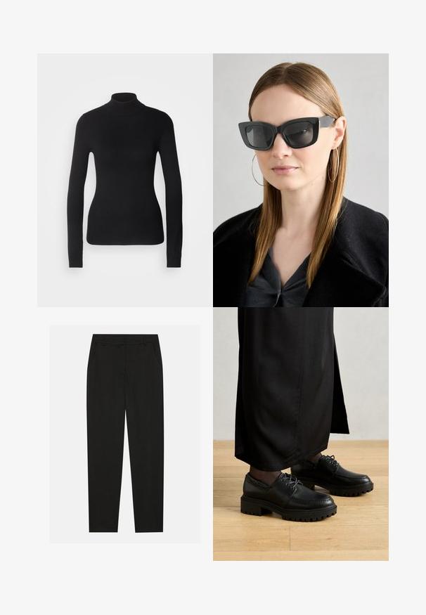 Musta poolapainen neuletakki, joka on valmistettu kevyestä neulekankaasta. Siinä on pitkät hihat, istuva muotoilu ja pehmeä ribsikuvio.; Musta housut, joissa on räätälöity muotoilu, sivutaskut ja suora lahje. Valmistettu sileästä, kevyestä kankaasta, jossa on tyylikkäät pinnat.; Mustat nahkakengät, joissa on pyöristetyt varpaat, paksu kumipohja ja nauhat. Suunnittelussa on koristeompeleet yläosassa.; Mustan kissakuvioisen aurinkolasit tummilla linsseillä, paksuilla kehyksillä ja hillityillä yksityiskohdilla. Yhdistetty mustaan takkiin ja harmaaseen paitoihin, joissa on pitkät suorat hiukset.