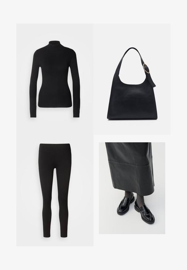 Melnā augsta apkakle džemperis, kas izgatavots no viegla adīšanas auduma. Tam ir garas piedurknes, pieguļoša silueta un mīksta ribota tekstūra.; Melnas leggingas izgatavotas no elastīgas auduma, ar bezšuvju jostu, pieguļošu dizainu un gludu tekstūru, kas piemērotas dažādām aktivitātēm.; Melni ādas loafers ar gludu apdari, ar dekoratīvu jostu, apaļu pirkstu un teksturētu zoli. Valkāti ar garu melnu ādas svārku.; Melnas ādas rokassoma ar gludu tekstūru, noapaļotu formu un vienu plecu siksnu ar apaļu zelta aksesuāru.