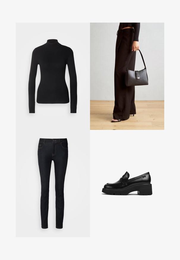 Sweater de gola alta preto feito de um tecido de malha leve. Apresenta mangas longas, um design justo e uma textura suave e canelada.; Jeans skinny de ganga pretos com costura em contraste, cintura média, design de cinco bolsos e uma textura suave.; Mocassim preto de couro com salto chunky, sola grossa e detalhe de tira na parte superior, visto de lado sobre um fundo branco.; Bolsa preta com forma estruturada, textura suave e um fecho metálico. Combinada com calças largas pretas e sandálias de salto aberto sobre um chão de madeira.