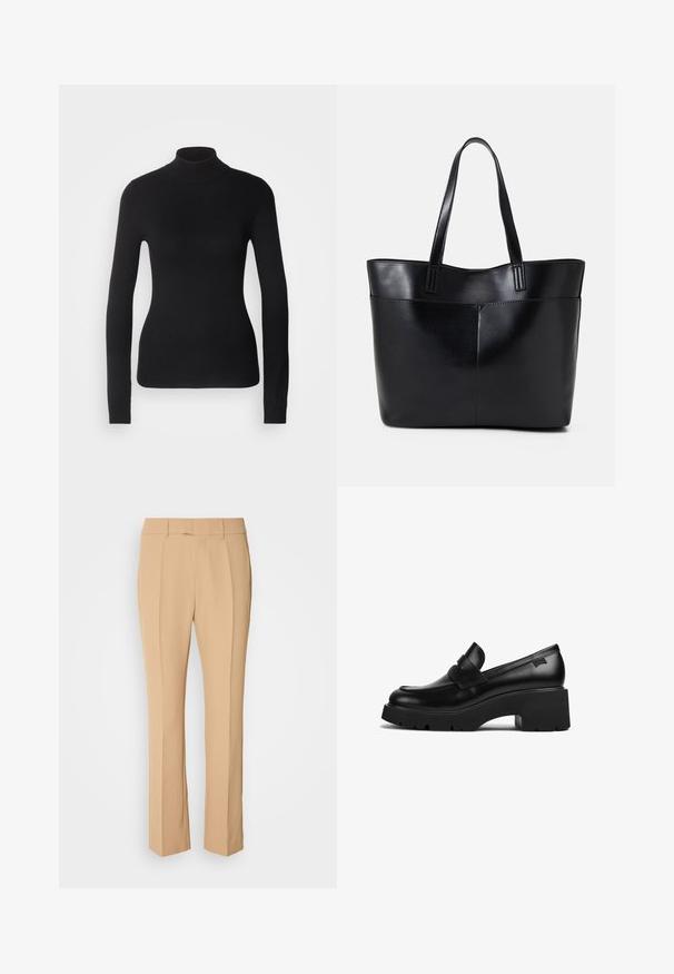 Juodas magas suknelė pagaminta iš lengvo mezgimo audinio. Turi ilgomis rankovėmis, prigludusį dizainą ir minkštą raukšlėtą tekstūrą.; Smėliniai pritaikyti kelnės su tiesia kojelė, turinčios dvi priekinės raukšlės, lygų priekį ir lengvą, glotnų audinį.; Juodas odinis loaferis su storais kulnais, storu padu ir dirželiu per viršų, rodoma iš šono ant baltos fono.; Juoda odinė rankinė su dviem ilgais diržais, lygiu paviršiumi ir struktūrizuota forma. Yra priekinė kišenė papildomam saugojimui.