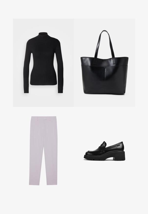 Čierny rolák vyrobený z ľahkej pleteniny. Má dlhé rukávy, priliehavý strih a jemnú rebrovanú štruktúru.; Svetlofialové nohavice vyrobené z hladkej látky, s prispôsobeným strihom, pútkami na opasok a rovnými nohavicami.; Čierne kožené mokasíny s hrubým podpätkom a hrubou podrážkou, so strapcom na vrchu, zobrazené z boku na bielom pozadí.; Čierna kožená tote taška s dvoma dlhými rúčkami, hladkým povrchom a štruktúrovaným tvarom. Obsahuje prednú kapsu pre dodatočné uskladnenie.
