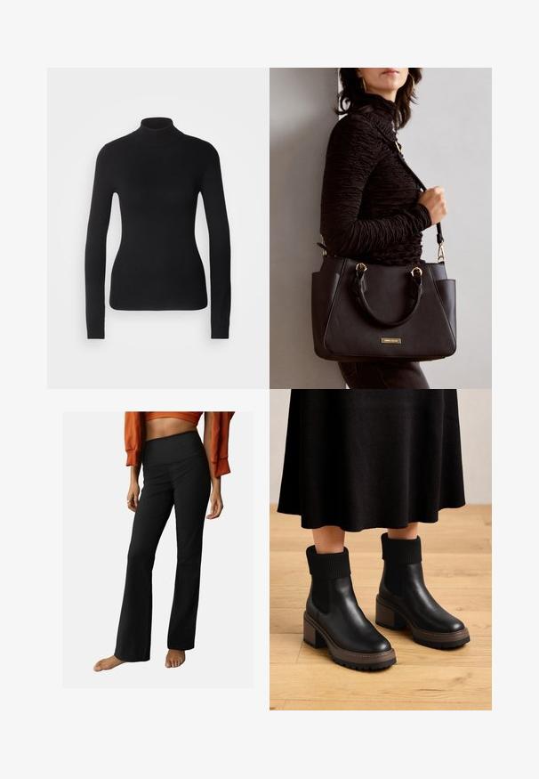 Čierny rolák vyrobený z ľahkej pleteniny. Má dlhé rukávy, priliehavý strih a jemnú rebrovanú štruktúru.; Čierne rebrované rozšírené nohavice s vysokým pásom, ktoré majú hladkú textúru a jednoduchý dizajn. Akcenty zahŕňajú mierne rozšírenie na leme.; Čierne kožené členkové čižmy s ryhovanými látkovými manžetami, robustným hnedým podpätkom a textúrovanou podrážkou. Hladký povrch s elastickými bočnými panelmi.; Čierna kabelka s textúrovaným povrchom, dvojitými hornými rúčkami a nastaviteľným ramenným popruhom. Obsahuje zlaté kovanie a bočné vrecká.
