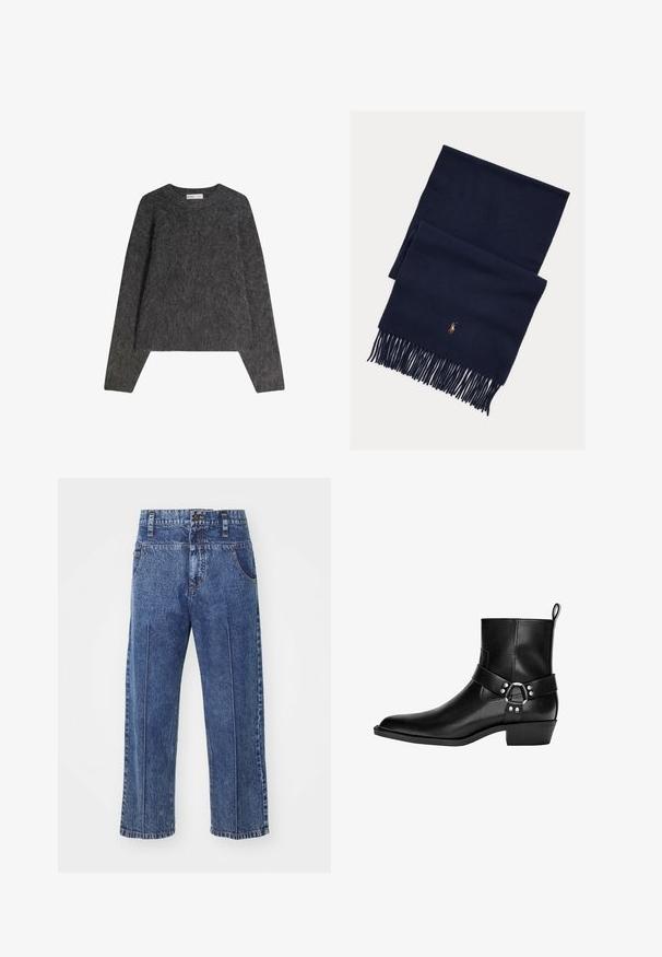 Bershka FUZZY - Vesta - dark grey; Plave traperice s opuštenim krojem, ravnim nogavicama, prednjim džepovima i dugmetom za zatvaranje. Sadrže minimalne detalje šivanja.; Crne kožne gležnjerice s oštrim vrhom, dekorativnom trakicom i detaljem u obliku kružne kopče, i niskom petom. Glatka tekstura s minimalnim šavovima.; Navy plavi vuneni šal s resicama na krajevima i suptilnim narančastim vezenim logotipom. Glatka tekstura, pravokutni oblik i minimalistički dizajn.