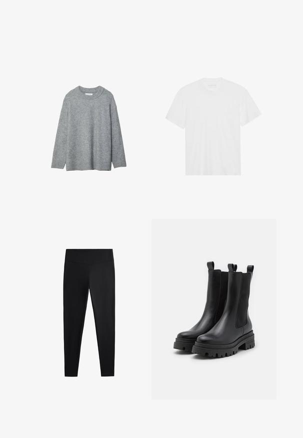 Grauer gestrickter Pullover mit Rundhalsausschnitt, herunterhängenden Schultern und gerippten Bündchen. Weiche Textur und lockere Passform. Keine Muster oder Akzente.; Weißes Baumwoll-T-Shirt mit kurzen Ärmeln, Rundhalsausschnitt und geradem Saum. Glatte Textur, minimalistisches Design ohne Muster oder Akzente.; Schwarze Leggings aus glattem, dehnbarem Stoff. Mit einem breiten Bund und tailliertem Bein Design, geeignet für aktive oder lässige Kleidung.; Schwarze Leder-Ankle Boots mit elastischen Seitenpaneelen und Zuglaschen.chunky Gummisohlen mit tiefen Profilmustern für zusätzlichen Halt.