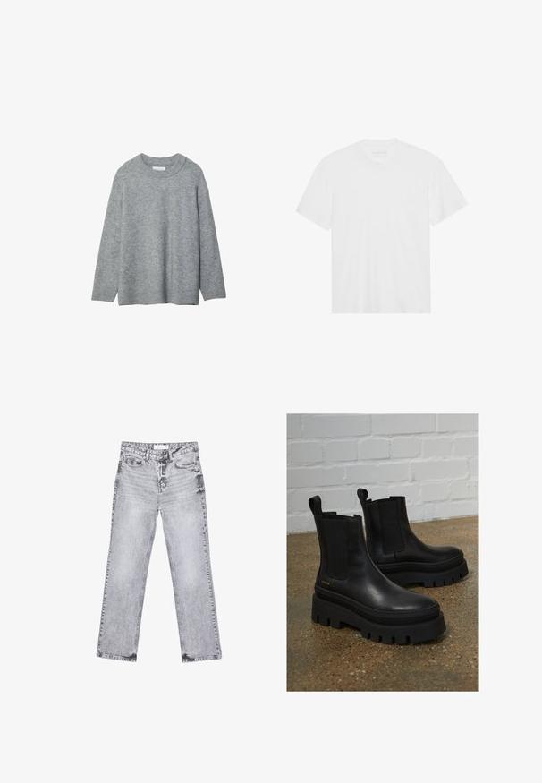 Szary, dzianinowy sweter z okrągłym dekoltem, opadającymi ramionami i ściągaczami. Miękka faktura i luźny krój. Brak wzorów lub akcentów.; Biała bawełniana koszulka z krótkim rękawem, okrągłym dekoltem i prostym dołem. Gładka faktura, minimalistyczny design bez wzorów i akcentów.; Szare dżinsy o prostym kroju nogawki, z przetarciami, pięcioma kieszeniami i miedzianymi nitami. Pasek w talii posiada metkę z logo.; Czarne skórzane botki za kostkę z elastycznymi panelami bocznymi, grubymi czarnymi platformami oraz detalami przeszycia, z pętelką ułatwiającą zakładanie.