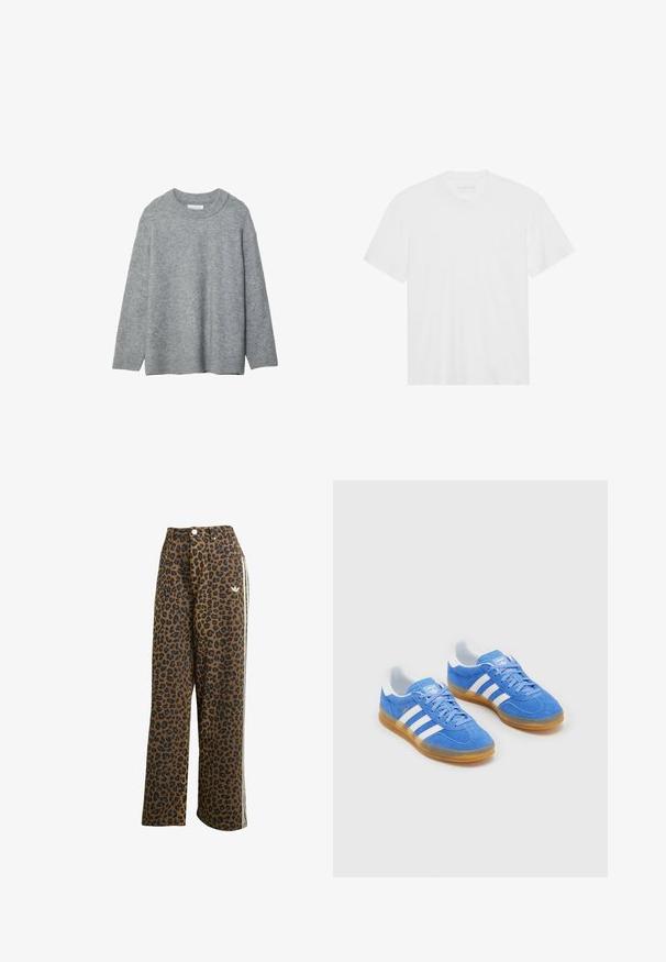 Šedý pletený svetr s kulatým výstřihem, spadlými rameny a žebrovanými manžetami. Měkká textura a volný střih. Bez vzorů nebo akcentů.; Bílý bavlněný tričko s krátkým rukávem, kulatým výstřihem a rovním spodním lemem. Hladká textura, minimalistický design bez vzorů nebo akcentů.; Kardiganové kalhoty s leopardím potiskem v hnědé barvě s černými skvrnami, s vysokým pasem a bílými bočními pruhy, vyrobené z bavlněné tkaniny.; Modré semišové sportovní boty s bílými pruhovanými akcenty, gumovou podrážkou a polstrovaným límcem pro pohodlí. Obsahují klasický design na šněrování.