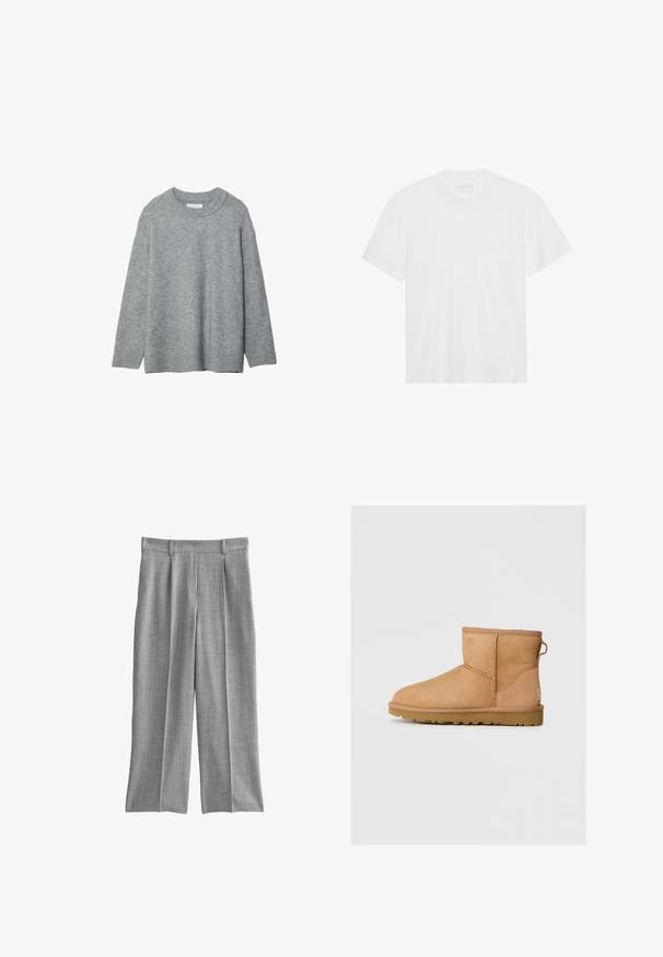 Szary, dzianinowy sweter z okrągłym dekoltem, opadającymi ramionami i ściągaczami. Miękka faktura i luźny krój. Brak wzorów lub akcentów.; Biała bawełniana koszulka z krótkim rękawem, okrągłym dekoltem i prostym dołem. Gładka faktura, minimalistyczny design bez wzorów i akcentów.; Szare spodnie wykonane z teksturowanej tkaniny, o szerokich nogawkach i plisach z przodu. Dopasowany pas z przestawionymi szlufkami na pasek, bez widocznych kieszeni.; Beżowe zamszowe botki za kostkę z okrągłym noskiem, przeszyciami, z pętelką z tyłu i teksturowaną gumową podeszwą. Zaprojektowane z myślą o komforcie i ciepłocie.