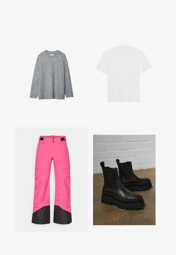 Szary, dzianinowy sweter z okrągłym dekoltem, opadającymi ramionami i ściągaczami. Miękka faktura i luźny krój. Brak wzorów lub akcentów.; Biała bawełniana koszulka z krótkim rękawem, okrągłym dekoltem i prostym dołem. Gładka faktura, minimalistyczny design bez wzorów i akcentów.; Różowe spodnie narciarskie z czarną dolną częścią, wykonane z wytrzymałego materiału. Posiadają kieszenie cargo oraz szeroką nogawkę dla wygody i swobody ruchów.; Czarne skórzane botki za kostkę z elastycznymi panelami bocznymi, grubymi czarnymi platformami oraz detalami przeszycia, z pętelką ułatwiającą zakładanie.