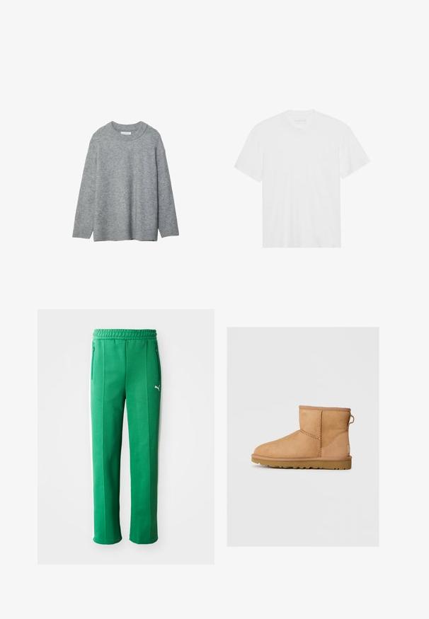 Harmaa neulottu villapaita pyöreällä kauluksella, pudotetuilla olkapäillä ja ribbaustaskuilla. Pehmeä rakenne ja löysä malli. Ei kuvioita tai koristeluja.; Valkoinen puuvillainen t-paita lyhyillä hihoilla, pyöreällä kaula-aukolla ja suoralla helmalla. Tasainen pinta, minimalistiinen muotoilu ilman kuvioita tai korostuksia.; Vihreät urheiluhousut, joissa on teksturoitu pinta, joustava vyötärönauha, sivutaskut ja valkoiset sivuviivat. Merkin logo näkyvillä edessä.; Ruskean mokkasandaalit pyöreällä kärjellä, ommelluilla yksityiskohdilla, takana vetotappi ja teksturoidulla kumipohjalla. Suunniteltu mukavuutta ja lämpöä varten.